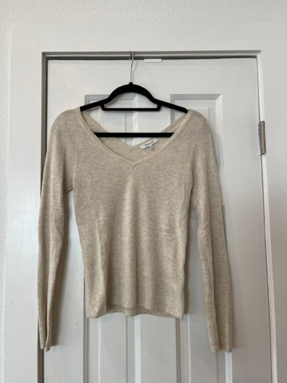 Madewell Heather Oatmeal Fine Ribbed Double V-Neck Long Sleeve Sweater Medium